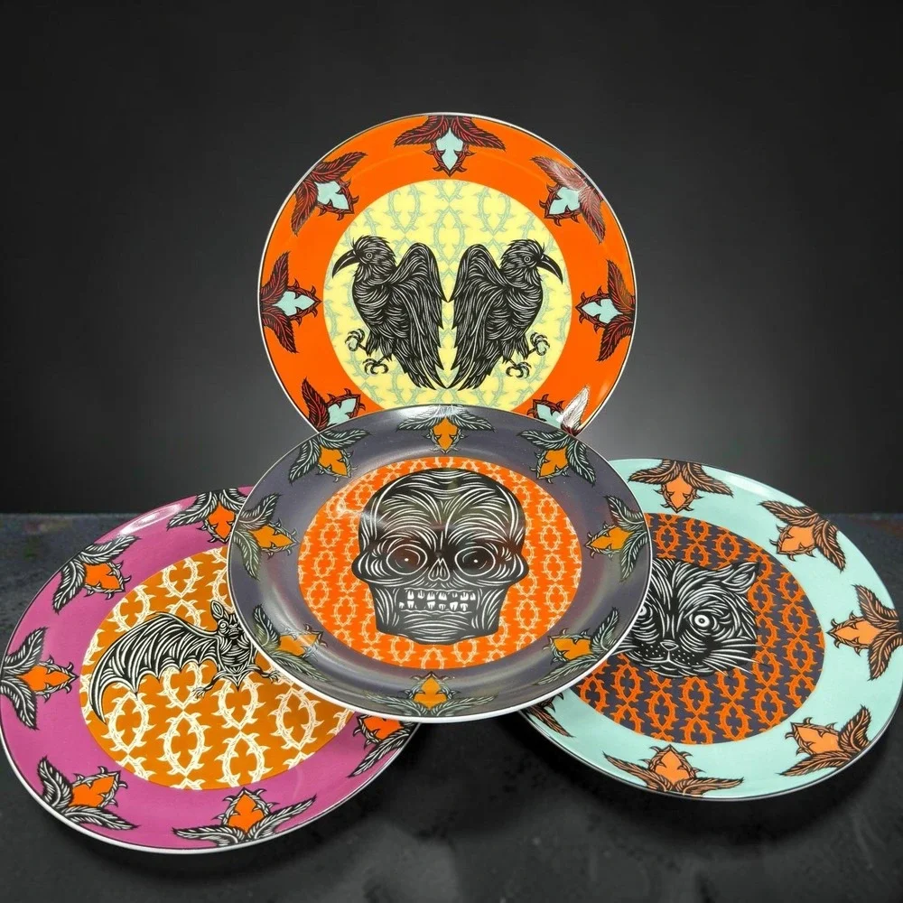 Crate & Barrel Patch NYC Halloween Plates Set 4 Skull Cat Bat Raven 8